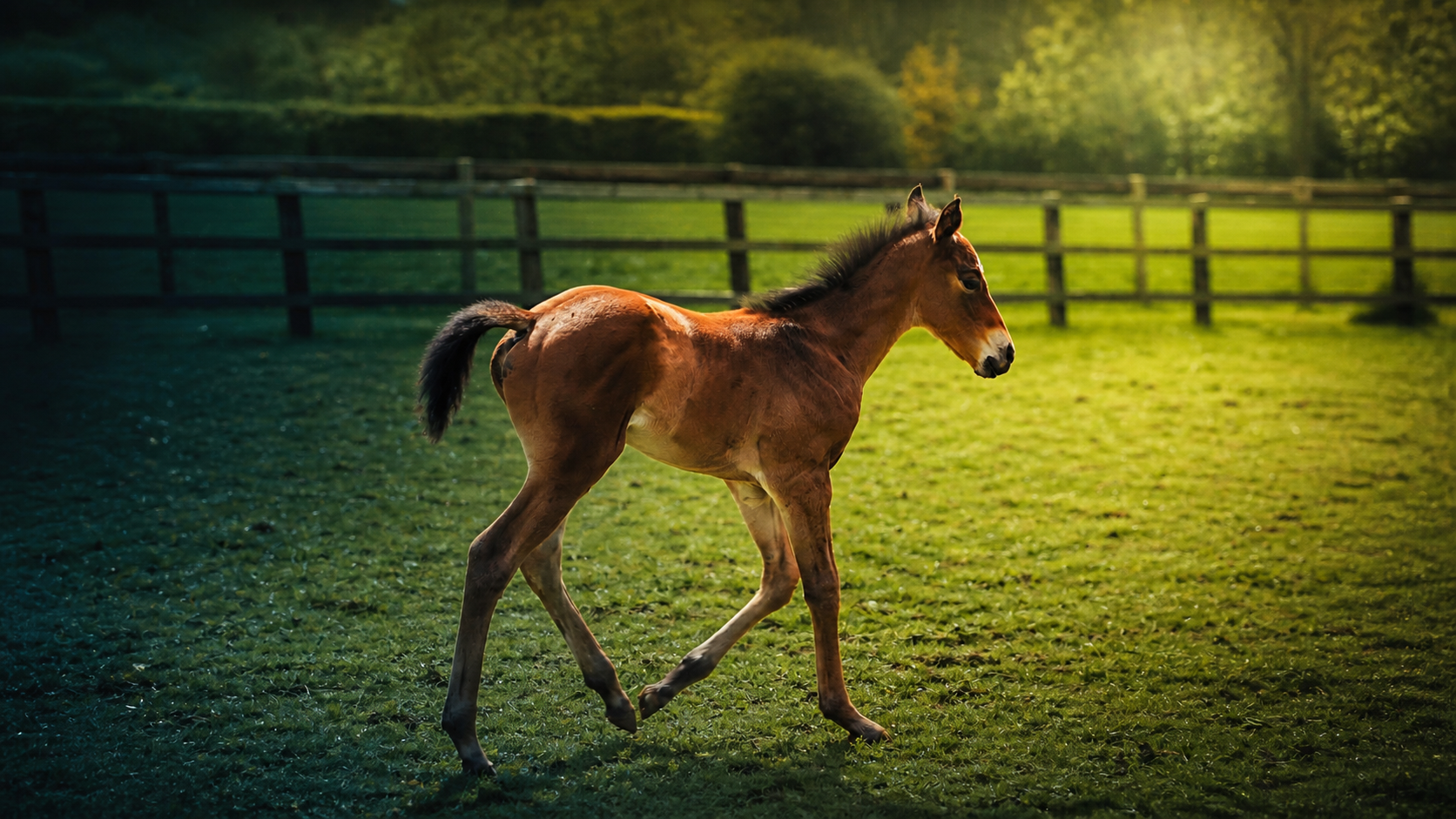Rock of Gibraltar and Baralinka's colt foal in a paddock at Kirtlington Stud