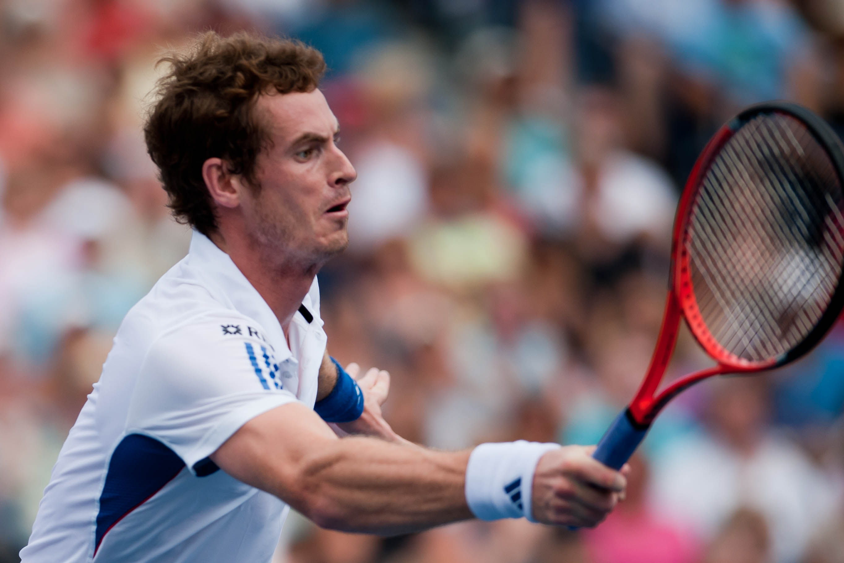 Andy Murray playing a forehand against Roger Federer in the 2010 Toronto final