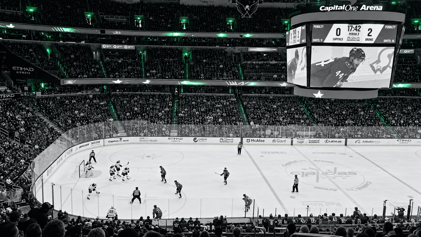 An NHL match at Capital One Arena in its second period